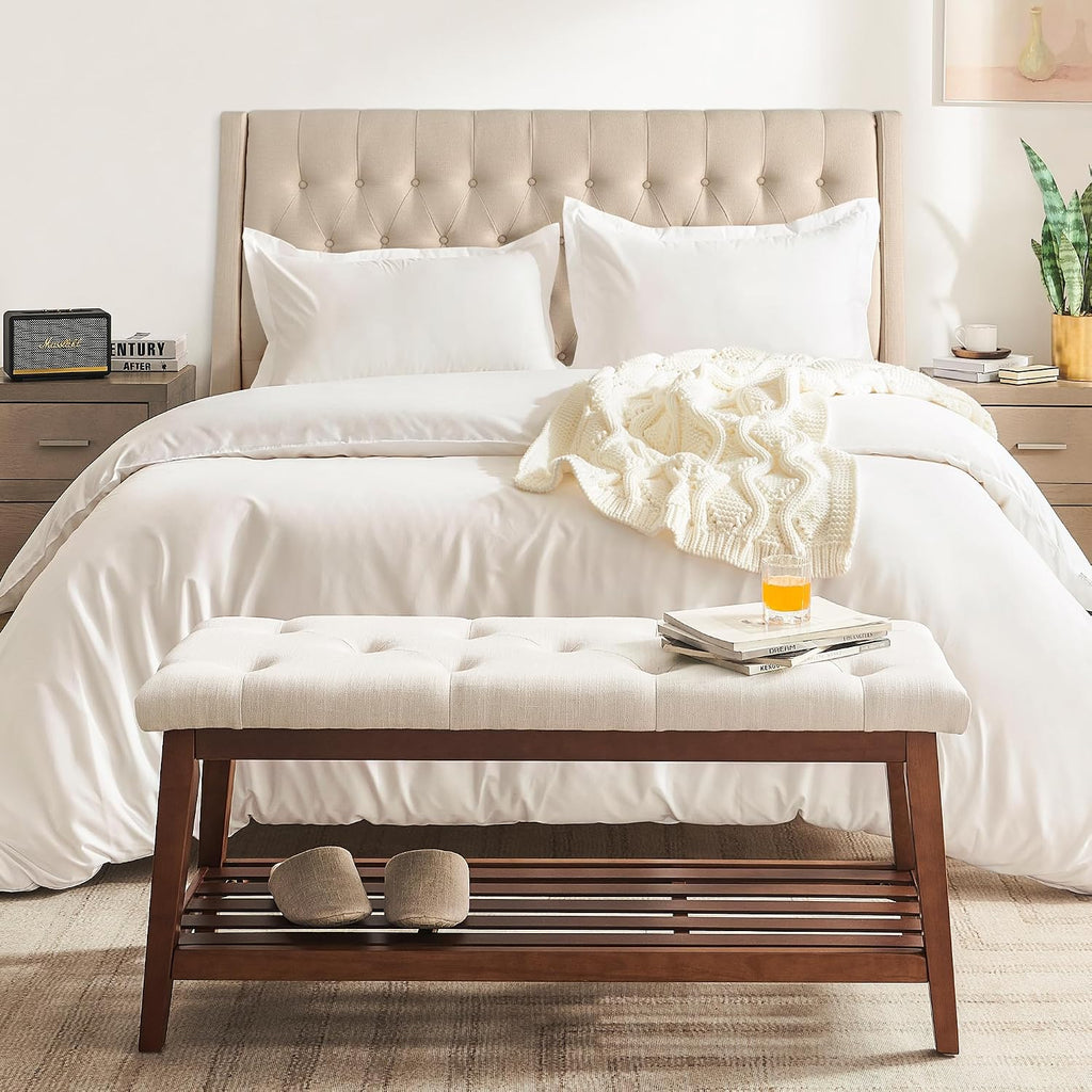 Kinkinmars Entryway Bench with Shoe Rack, 42.5" Bedroom Bench, Beige | 42.5-inch upholstered bench with built-in shoe