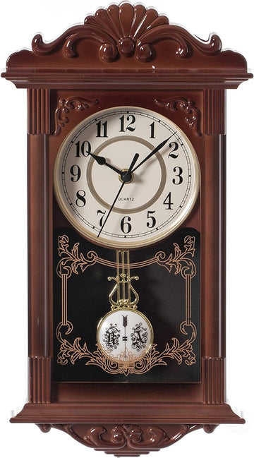 Vintage Grandfather Wood-Looking Plastic Pendulum Decorative Battery-Operated Wall Clock Brown, for Office, Home Decor, Living Room, Kitchen, or Dining Room,Brown
