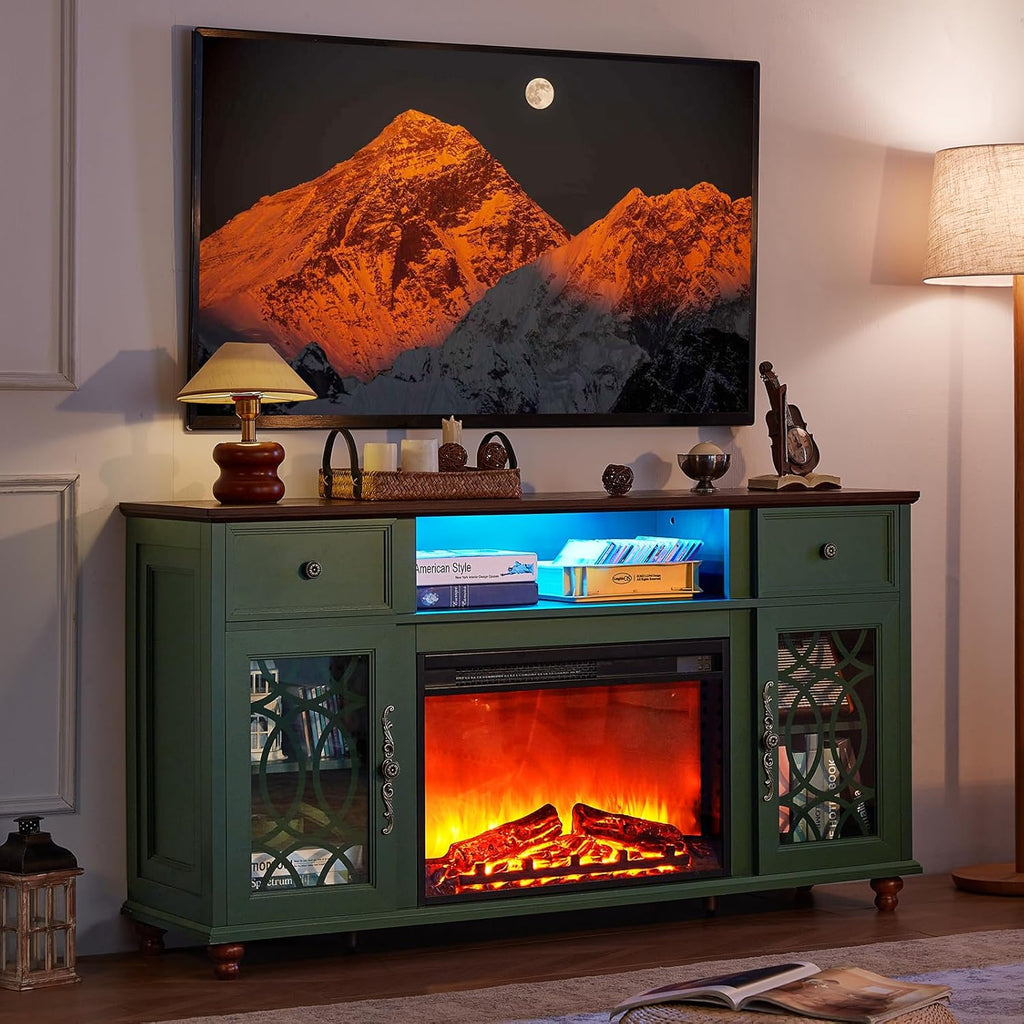 59 Inch Farmhouse Fireplace TV Stand for TVs up to 65 Inches, Entertainment Center with Electric Fireplace, LED Lights, Glass Doors, Storage Drawers, Green