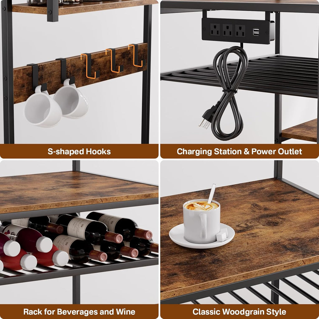 Kitchen Shelf Bakers Rack with Power Outlet, Mini Fridge and Microwave Stand Coffee Bar Table with S-Hooks, Storage