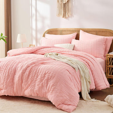 Pink Comforter Set 7 Pieces, Luxury Seersucker Bed Set for All Seasons