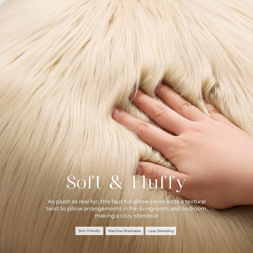 Faux Fur Pillow Cover Decorative Fluffy Throw Pillow Mongolian Luxury Fuzzy Pillow Case Cushion Cover, Light Beige 18