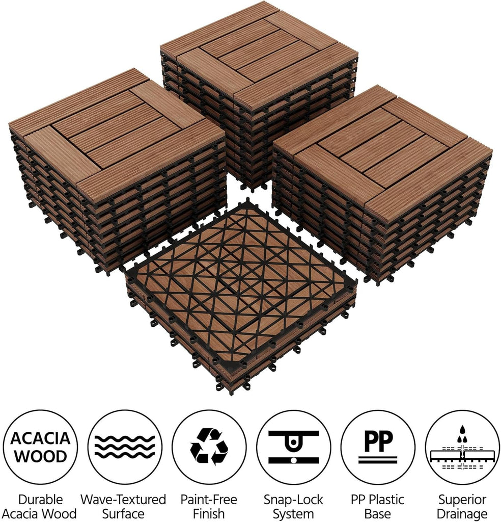 27PCS Wooden Flooring Patio Deck Tiles Interlocking Tiles Patio Solid Wood and Plastic Indoor&Outdoor 12 x 12in Brown