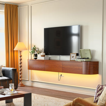 70 Inch Floating TV Stand, Modern Wall Mounted Media Console with 1 Door & 2 Drawers, Real Ash Wood Veneer Plywood
