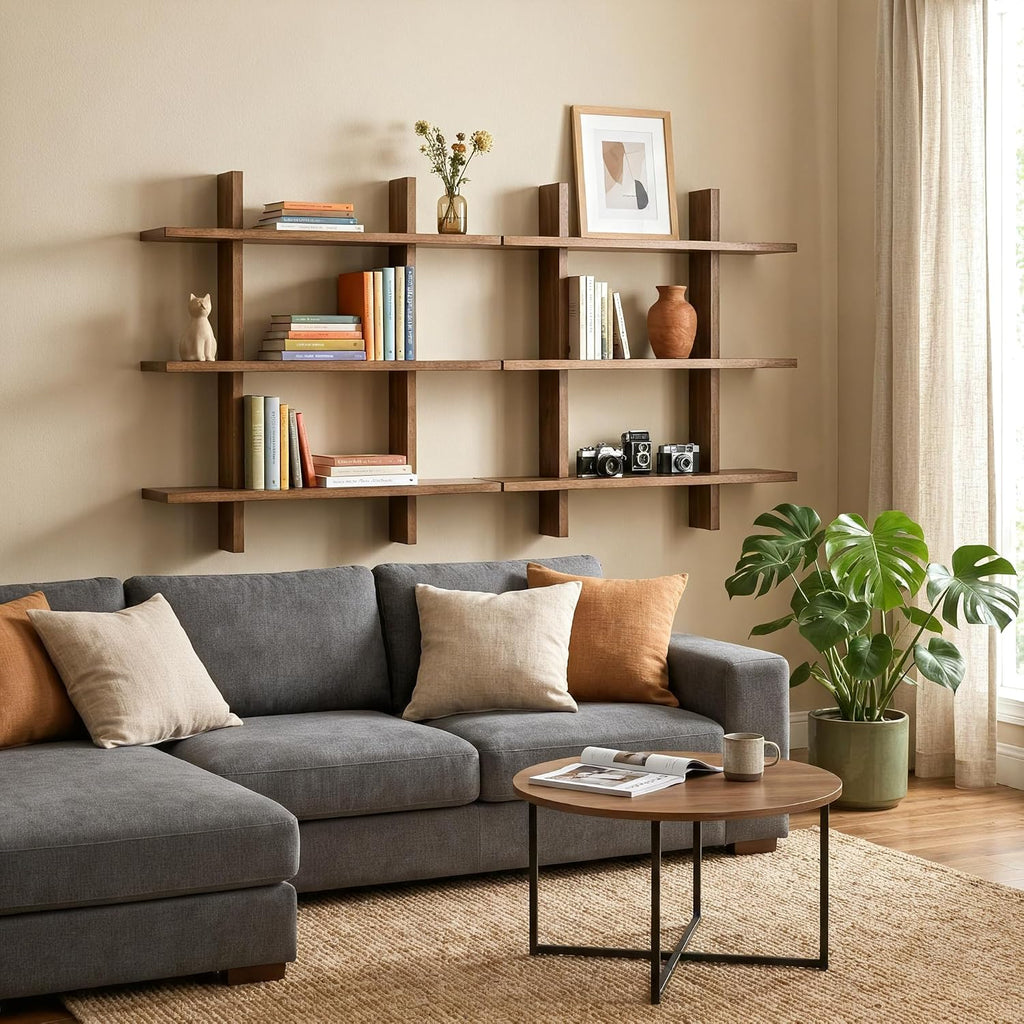 Solid Wood Floating Wall Shelves, Premium Hardwood Hanging Shelves with Reinforced Brackets, Japanese Joinery Wall