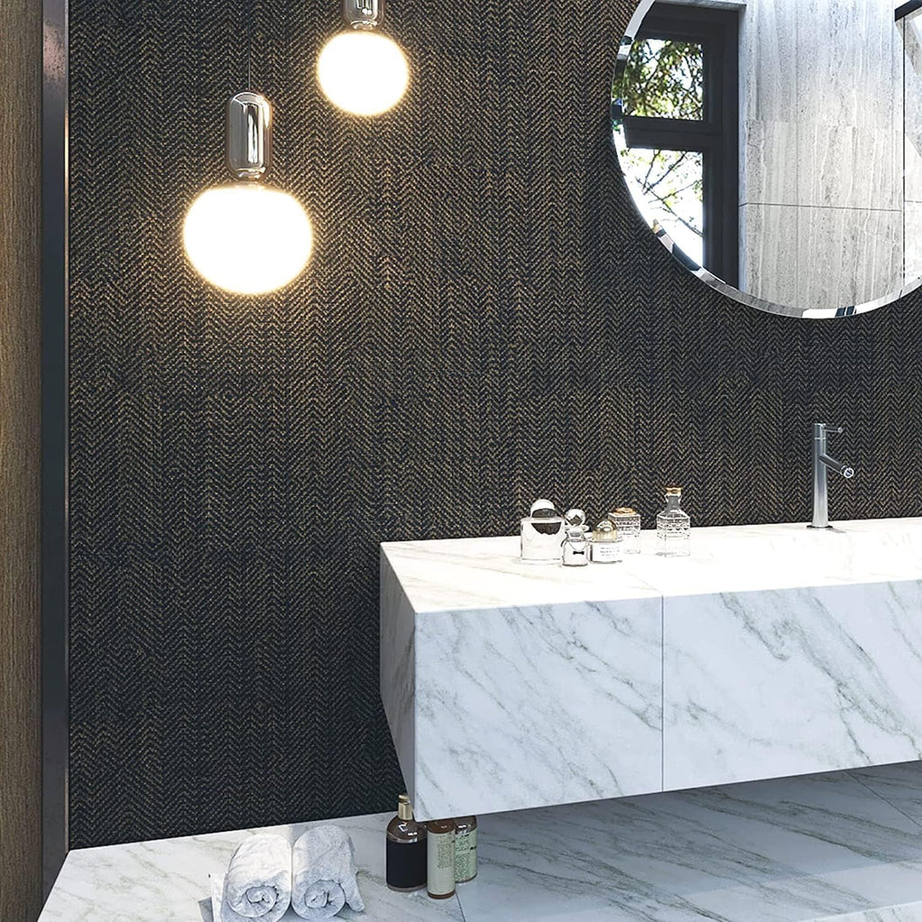 24"x394" Black and Gold Grasscloth Peel and Stick Wallpaper Textured Black Contact Paper for Cabinets Removable Linen