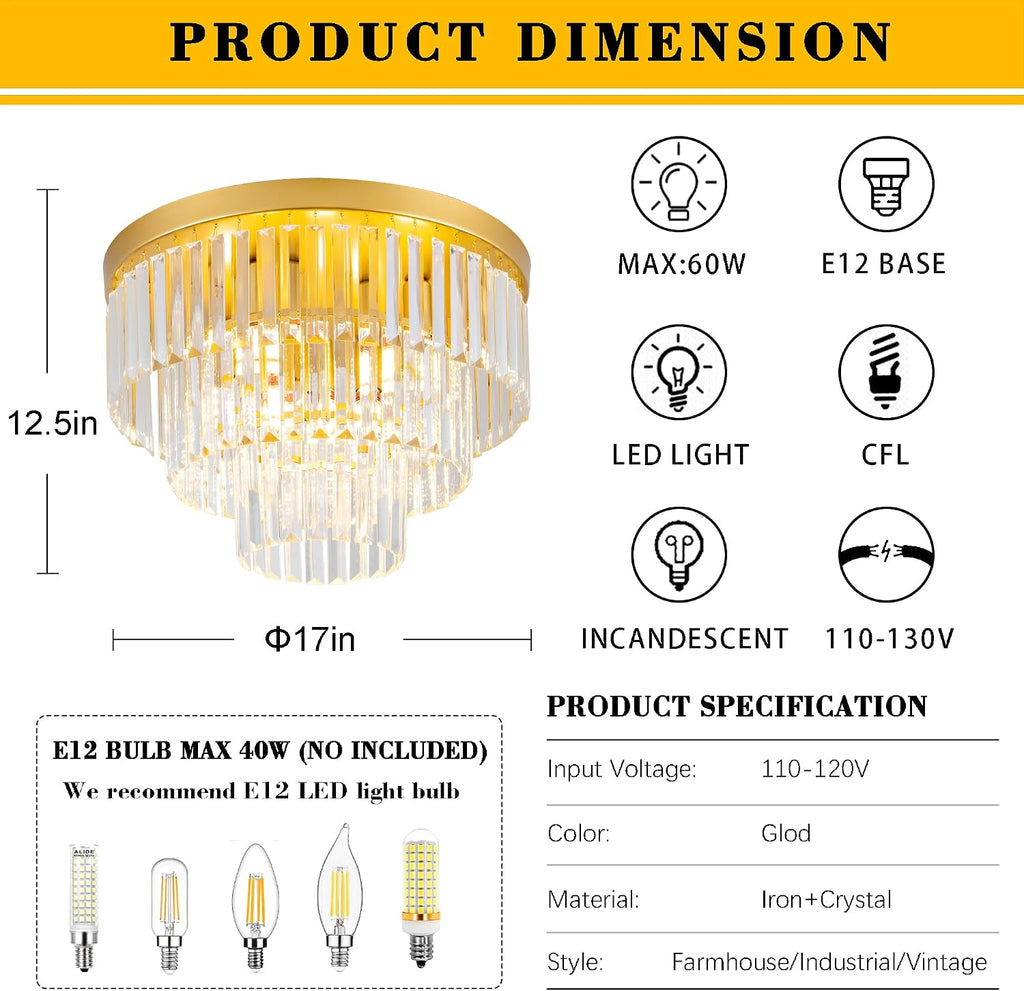 Gold Crystal Ceiling Light 17" Luxury K9 Crystal Dining Room Light 3-Tiers Modern Flush Mount Ceiling Light 4-Lights