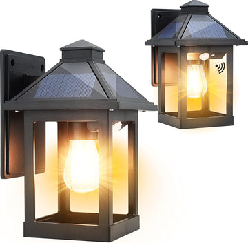 2 Pack Solar Wall Lanterns Outdoor with 3 Modes, Dusk to Dawn Motion Sensor LED Sconce Lights IP65 Waterproof