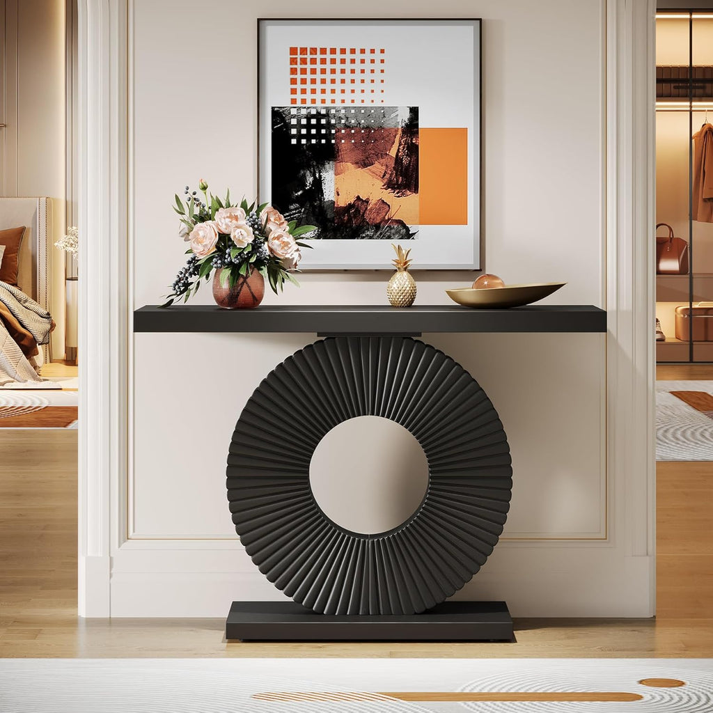 Modern Entryway Console Table, 39 inch Wooden Narrow Sofa Table Behind Couch with Geometric Base, Contemporary Accent