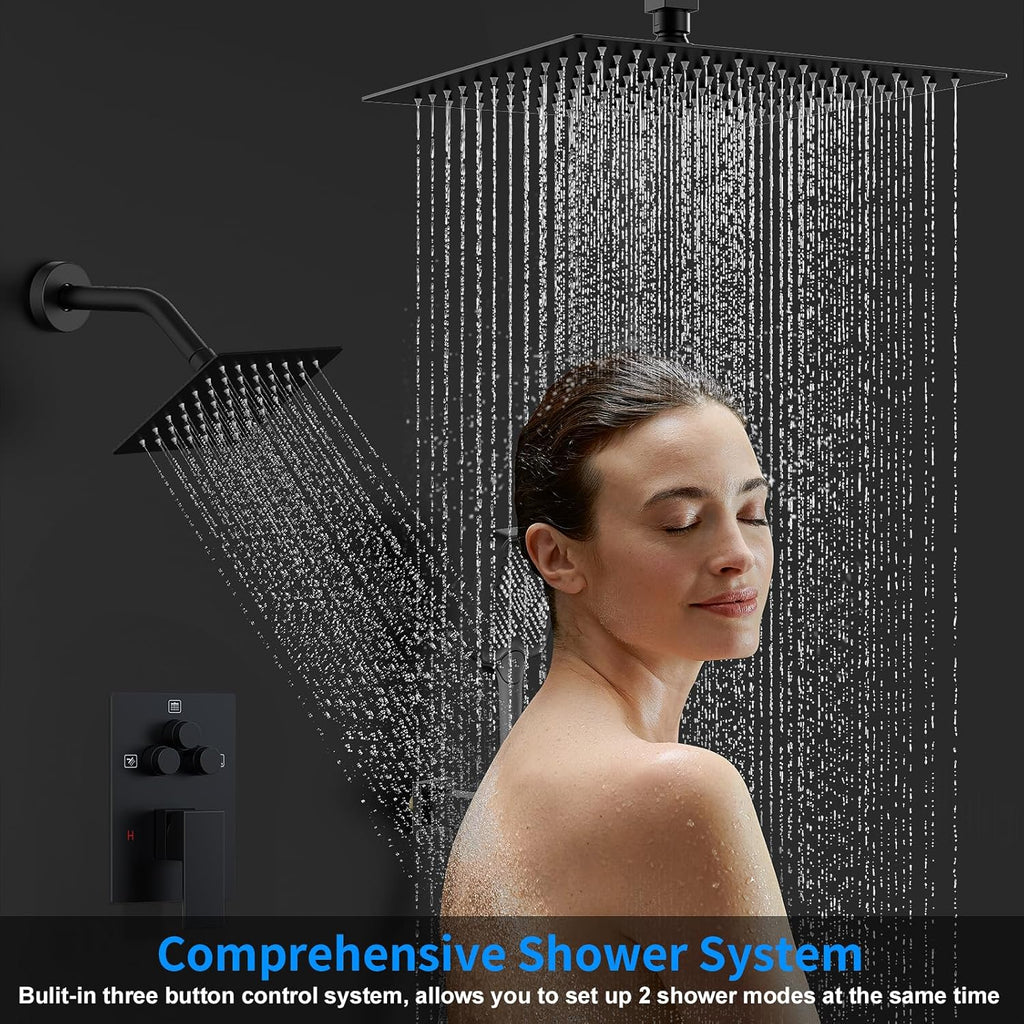Shower Faucet Set, 12" Ceiling Mount Rainfall Shower System with 12'' Top Head+6'' Side Head and Multi-function