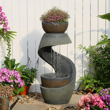 31.9" S-Shaped Water Outdoor Fountain - Modern Cascading Waterfall Feature with LED Lights & Planter Bowl