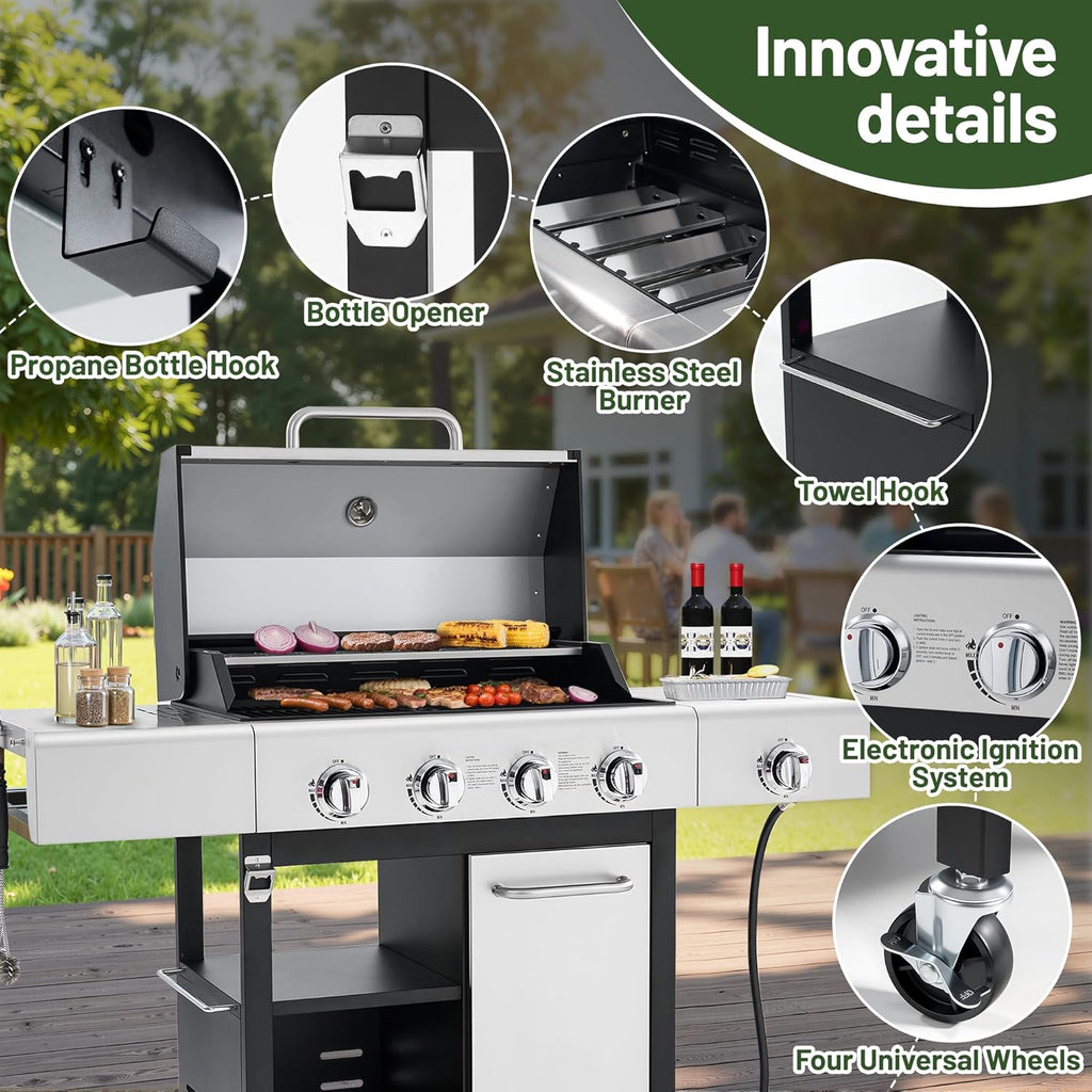 4-Burner Propane Gas Grill, 50,000 BTU Stainless Steel BBQ Grill with Side Burner & Wheels for Patio and Backyard (Silver & Black)