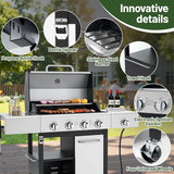 4-Burner Propane Gas Grill, 50,000 BTU Stainless Steel BBQ Grill with Side Burner & Wheels for Patio and Backyard (Silver & Black)