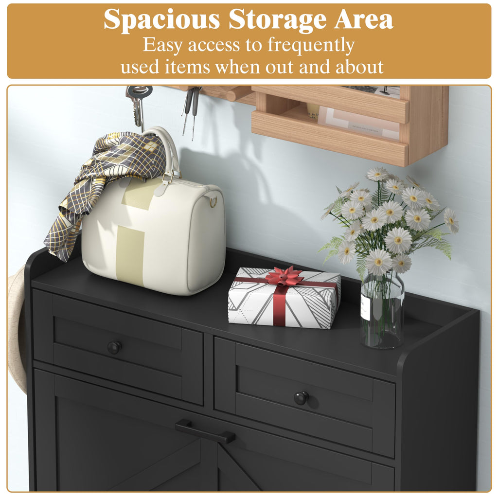 Black Shoe Cabinet with 2 Flip Drawers & 2 Storage Drawers, Rustic Farmhouse Narrow Shoe Organizer Cabinet, Slim Shoe