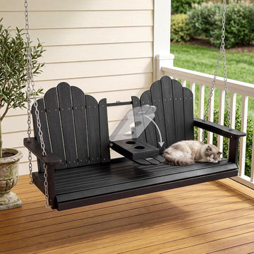 3 Seat Porch Swing with Tray, HDPE Wood Gra Swing, Black | Fits a family or three adults; fold-down center console