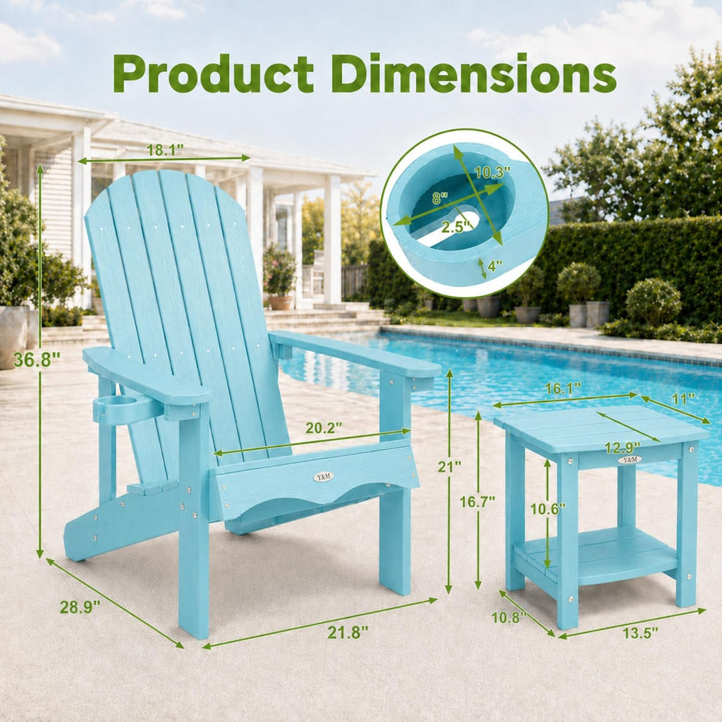 Adirondack Chair Set of 2 with Double Layer Side Table, HDPE Outdoor Patio Chairs, All Weather Plastic with Cup