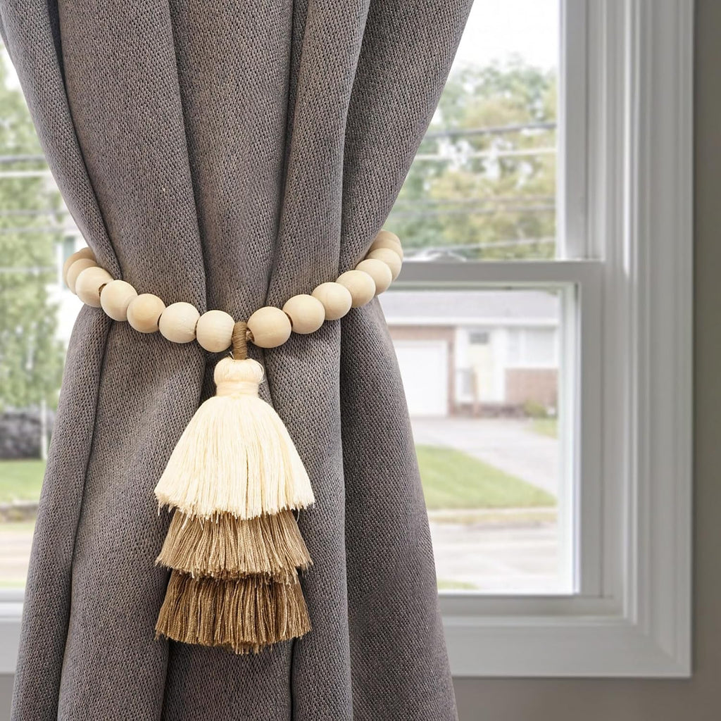 Magnetic Curtain Tiebacks with Wood Beads, Boho Rope Drapery Holdbacks with Triple Tassels, No Drill Curtain Holders