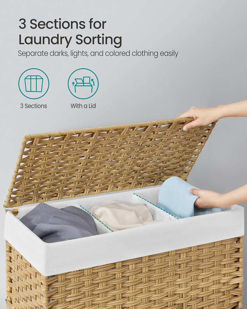 Laundry Hamper with Lid, 42.3 Gallons (160 L), Rolling Laundry Basket with Wheels, 3-Section Synthetic Rattan