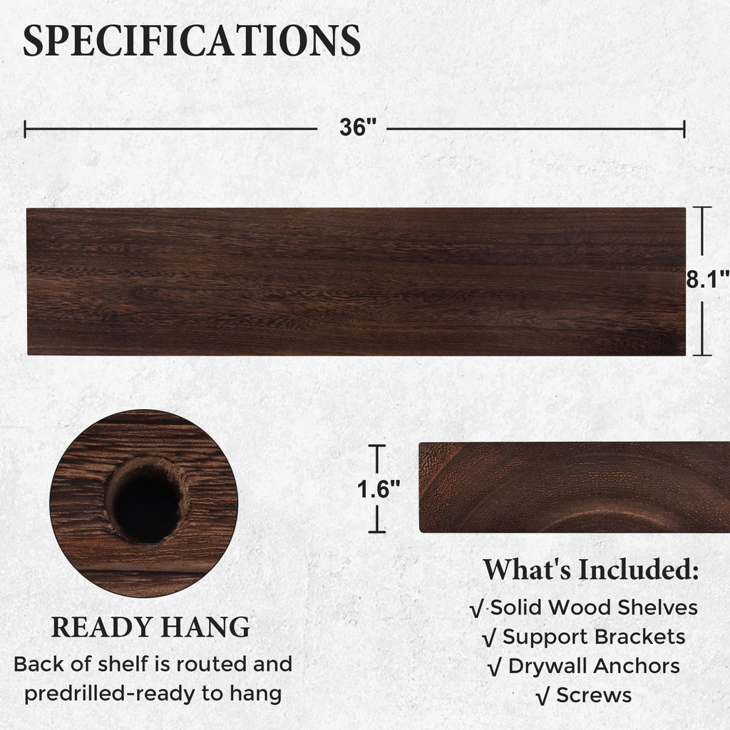 Floating Shelves, 8 Inch Deep Rustic Solid Wood Wall Shelves for Storage, Wall Mounted Display Shelving with