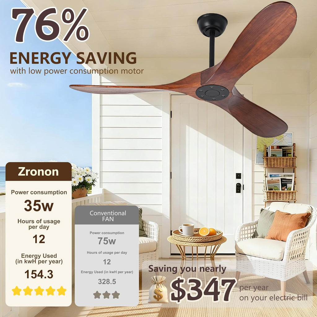 Inspired Maverick Style 60" Ceiling Fans Without Lights, 60 Inch Outdoor Ceiling Fans no Lights, 3 Blade Solid Wood Damp Rated Ceiling Fan with Remote Control for Living Room Gazebo Farmhouse/Patios Porch - Dark Walnut