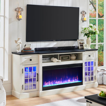 Fireplace TV Stand for 80 Inch TV, Farmhouse Highboy Entertainment Center w/LED Lights & 36" Electric Fireplace, Large Media Console w/Glass Door Cabinet & Storage Drawer, White