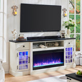 Fireplace TV Stand for 80 Inch TV, Farmhouse Highboy Entertainment Center w/LED Lights & 36" Electric Fireplace, Large Media Console w/Glass Door Cabinet & Storage Drawer, White A132-B0DDQ2KNLS