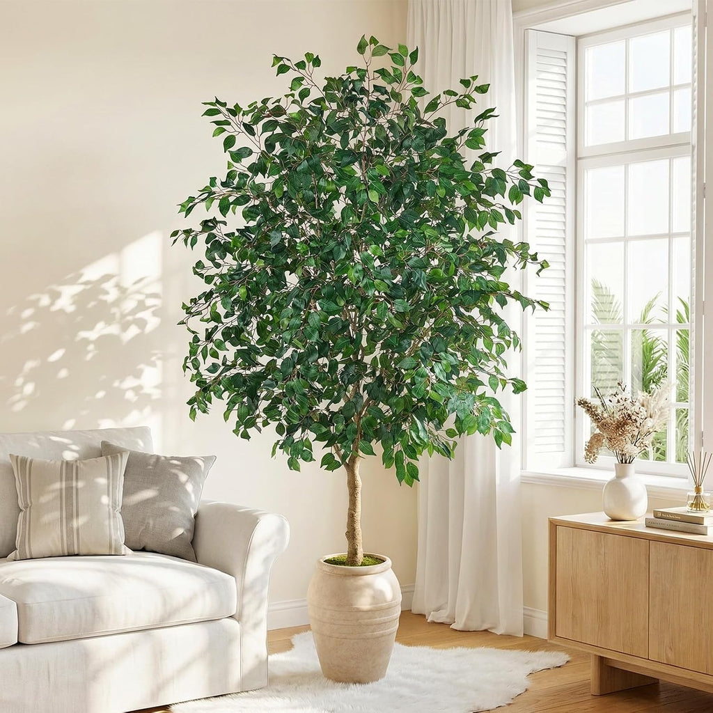 Artificial Ficus Tree Indoor 9ft with Off-White Vintage Planter