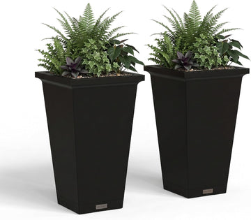 Renew 24in Modern Tall Square Planter, Black, 2-Pack | All season, Lightweight, Fade resistant, Planting shelf, Drip
