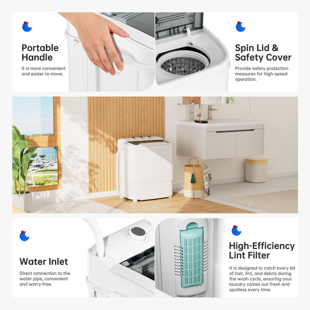 16Lbs Portable Washing Machine, Compact Single Tub Laundry Washer with Spin Dryer, Mini Semi-Automatic Washing Machine