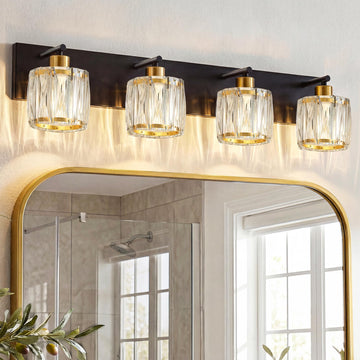 4-Light Crystal Bathroom Vanity Light Fixtures, Black and Gold