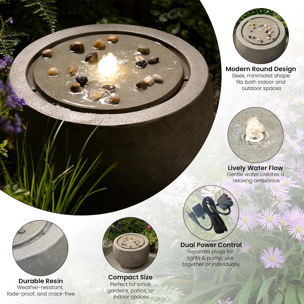 Garden Water Fountain Outdoor Large Round Bubbler Water Feature Indoor with Lights & Pump and Pebbles Concrete Effect