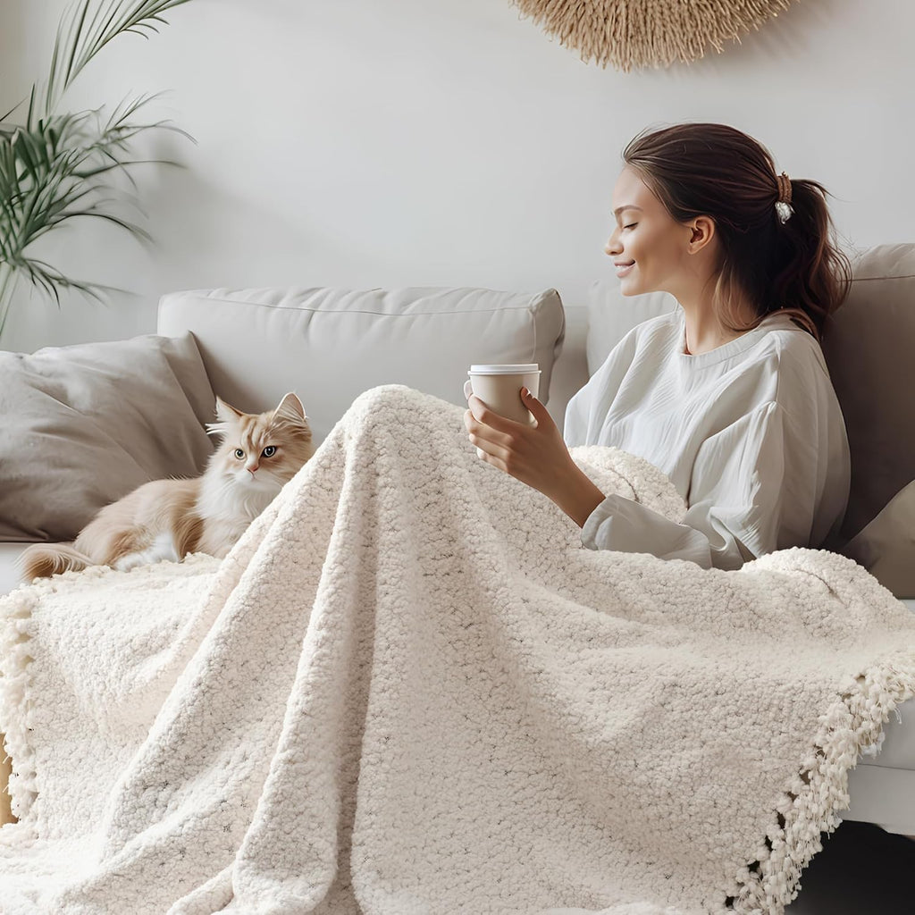 Throw Blanket, White Luxury Knitted Throws 50"x60", Textured Blankets with Handmade Fringe Tassels, Chunky Soft