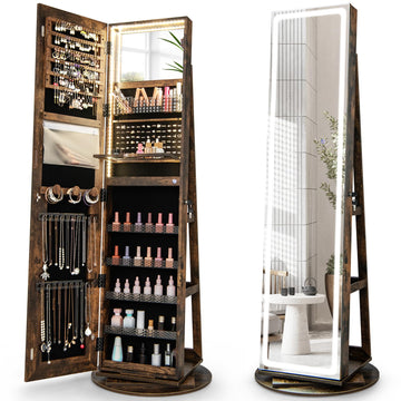 360° Swivel Jewelry Cabinet, Jewelry Armoire Organizer (Rustic Brown)