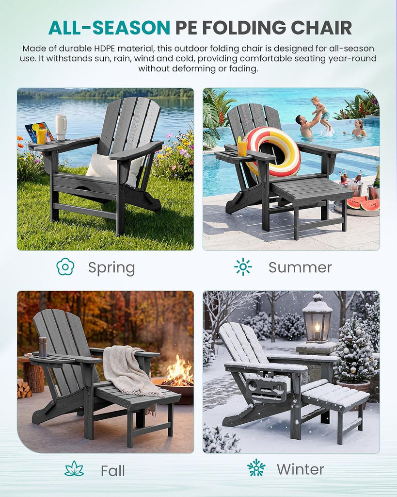 Folding Adjustable Adirondack Chair with Footrest, HDPE Outdoor Chair with 4-in-1 Cup Holders, All Weather Adirondack