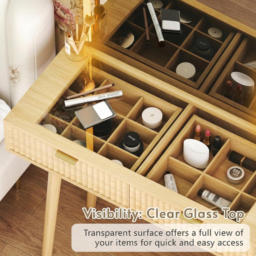 49" Wooden Vanity Desk with Mirror and Lights, Fluted Boho Makeup Vanity Table with Modern Glass Top, Charging