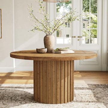 47" Solid Wood Dining Table for 4-6, Farmhouse Round Kitchen Table with Striped Pedestal Base, Circle Wooden Dining