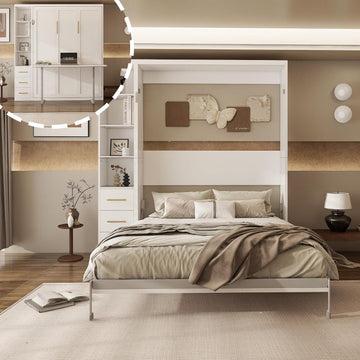 Queen Murphy Bed with Desk and Side Storage, Foldable Wall Bed with Drawers and Shelves, Space-Saving Cabinet Bed for