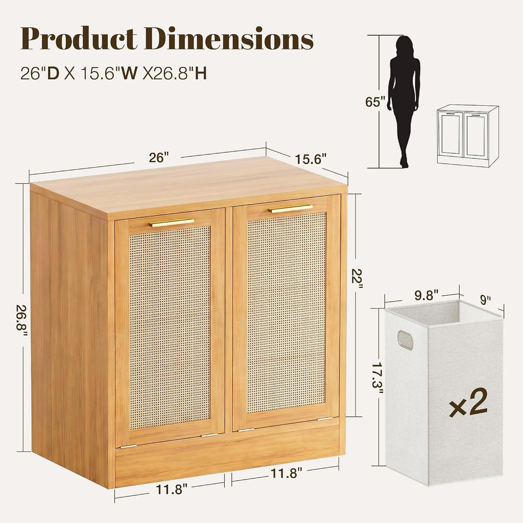 Laundry Cabinet, Bathroom Cabinet with with Breathable Real Rattan Design, Clothes Storge Basket with 2 Removable