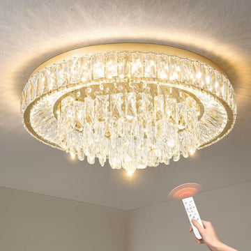 Modern LED Gold Crystal Chandelier: Flush Mount Crystals Ceiling Light With Remote - 24" Round Crystal Chandeliers