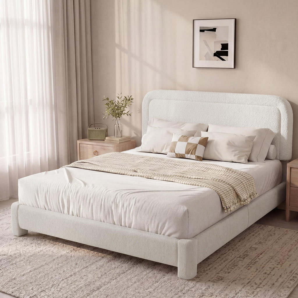 Boucle Full Size Bed Frame with Adjustable Headboard, Upholstered Cloud Platform Bed Frame with Wood Slats