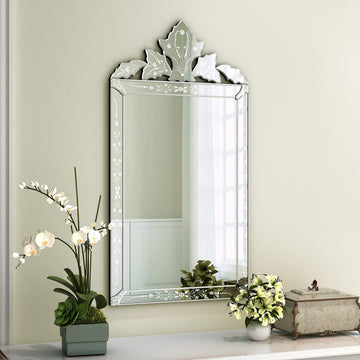 Bathroom Vanity Decorative Mirrors for Wall Decor 42" x 24" Venetian Wall Mirror with Floral Etched Design Crown Top