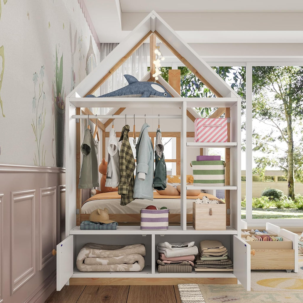 Twin Size House Bed, Solid Wood Platform Bed with Drawers and Wardrobe, House Shape Bed Frame with Built-in Shelves