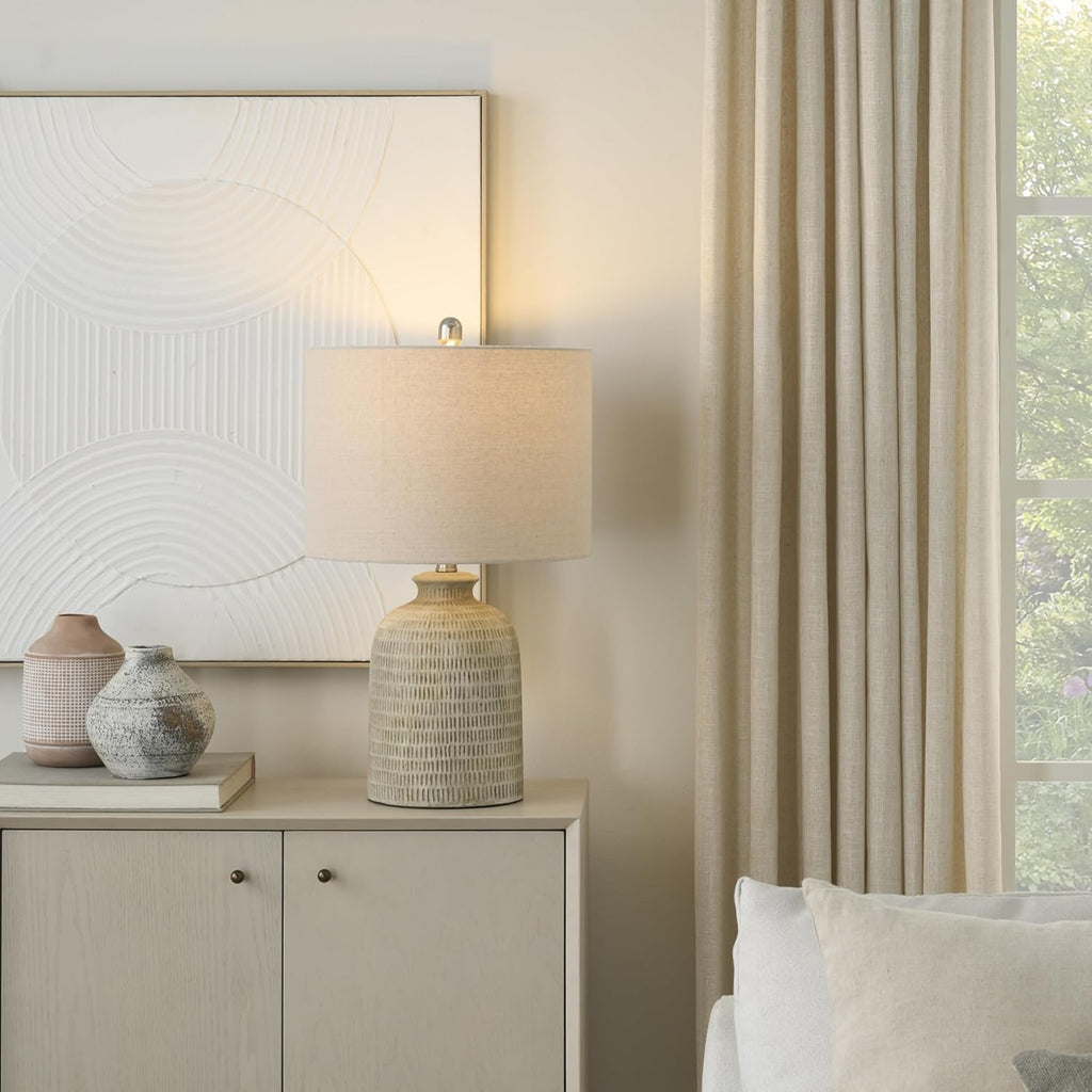 Home 24" Eggshell (Beige) Textured Honeycomb Cottage Farmhouse Table Lamp Table, Living Room, Dining, Entryway