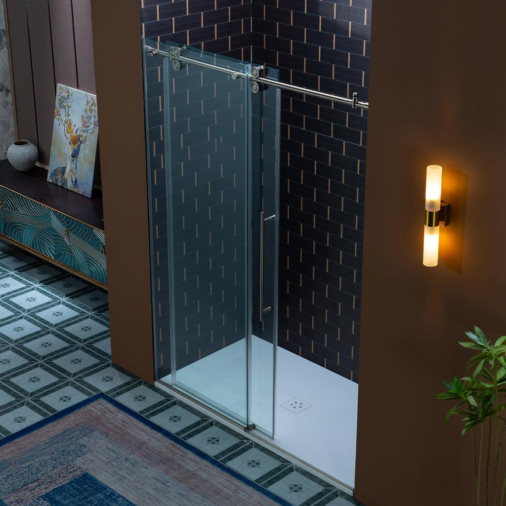 56-60" W x 80" H Frameless Single Sliding Shower Door with Double Rollers