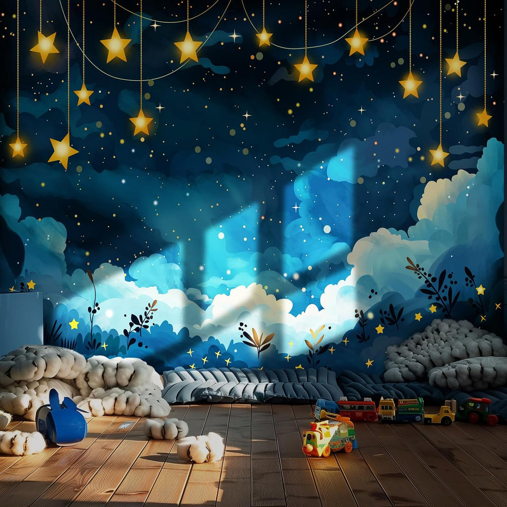 Starry Sky Peel and Stick Wallpaper Mural, Night Celestial Blue | Seamless edge-to-edge match for easy DIY. Starry