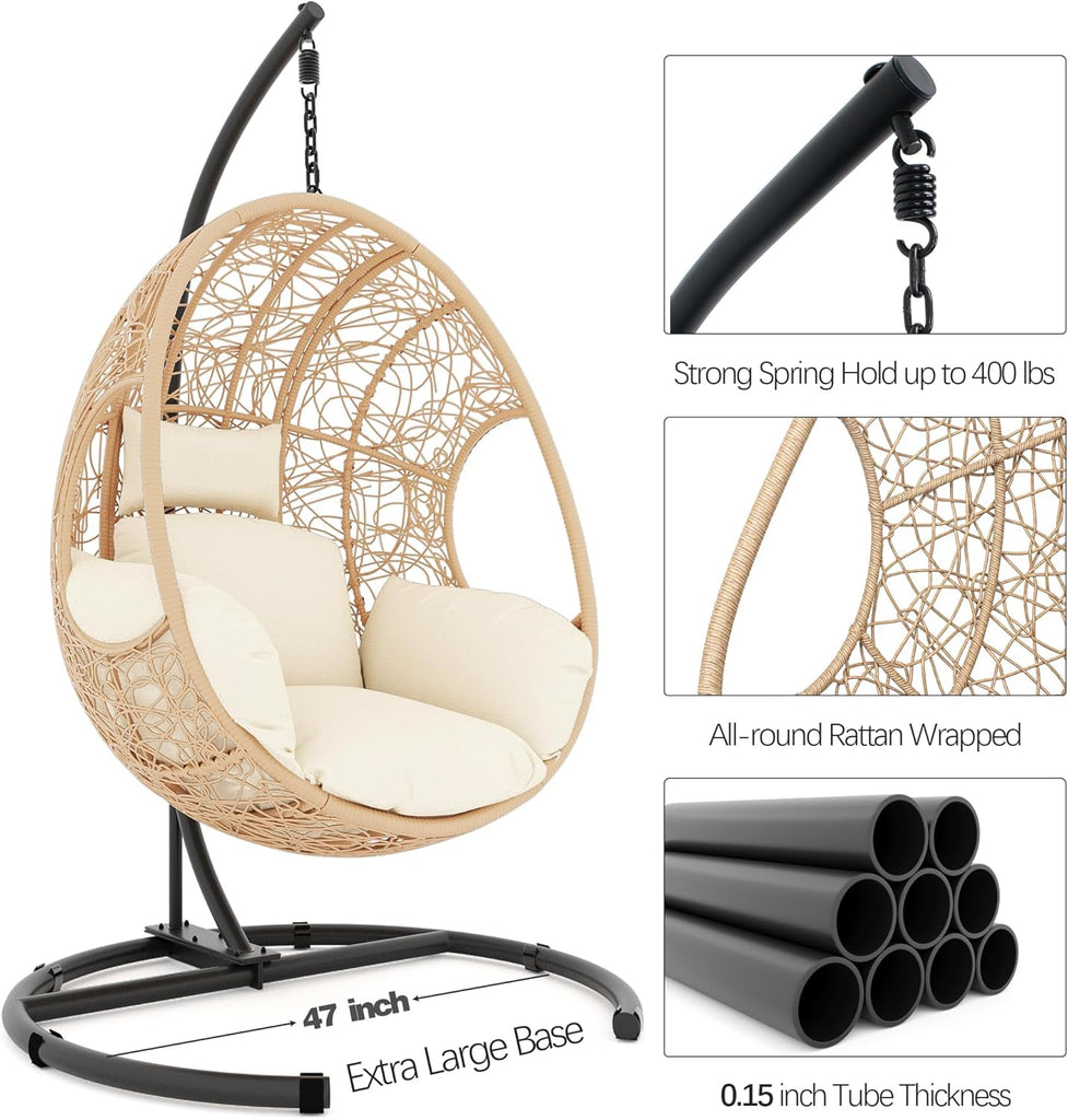 Oversized Hanging Egg Chair Outdoor Indoor, Wicker with Stand 400lbs Capacity , Garden and Balcony (Beige-nest