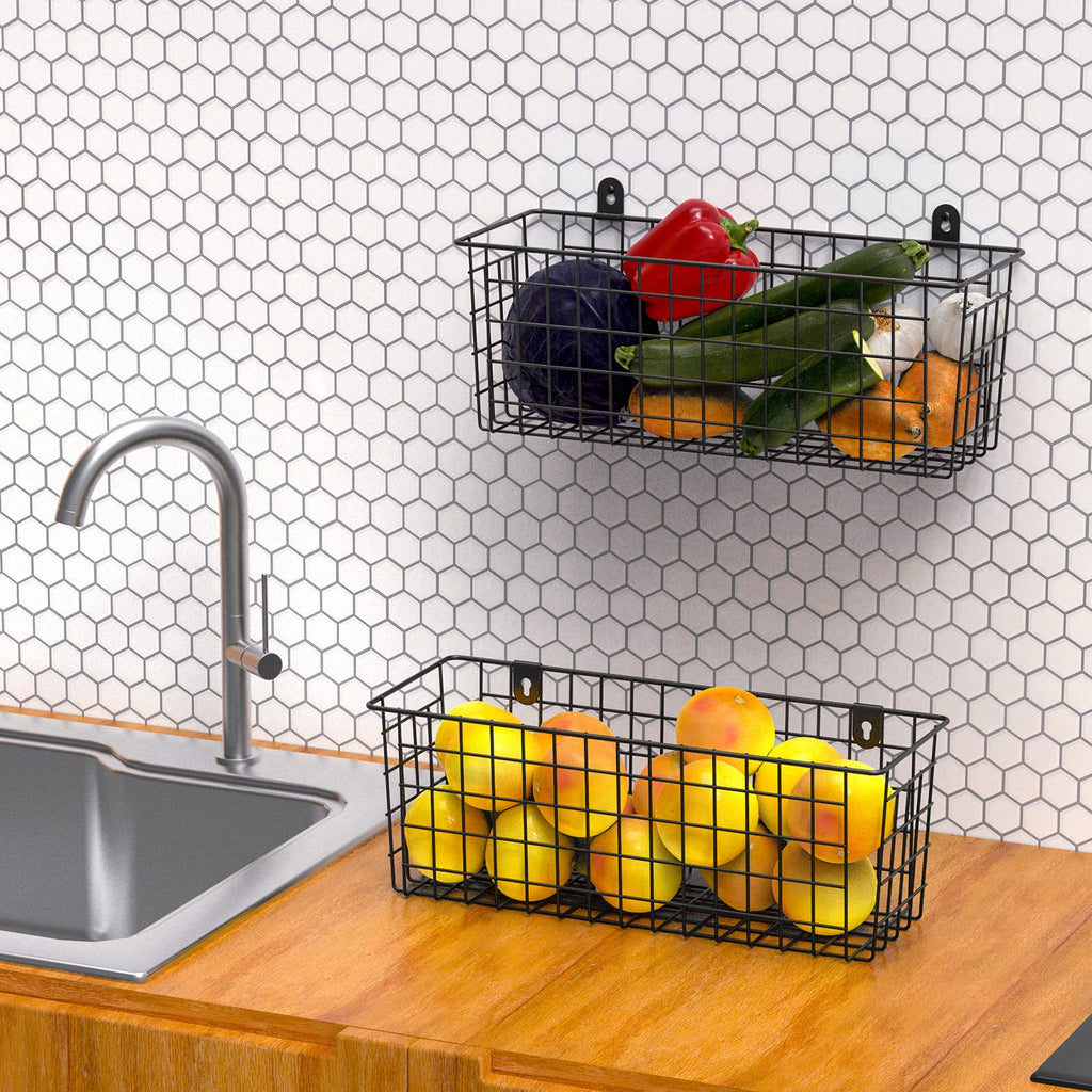 Extra Large] Wire Basket 2-Pack Hanging Wall Organizer Cabinet Storage Basket Wall Mounted Shelves Rustic Farmhouse
