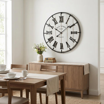 Large 24 Inch Farmhouse Style Wall Clock, Distressed Wood Look, Non-Ticking Quartz Movement, Classic Black Roman