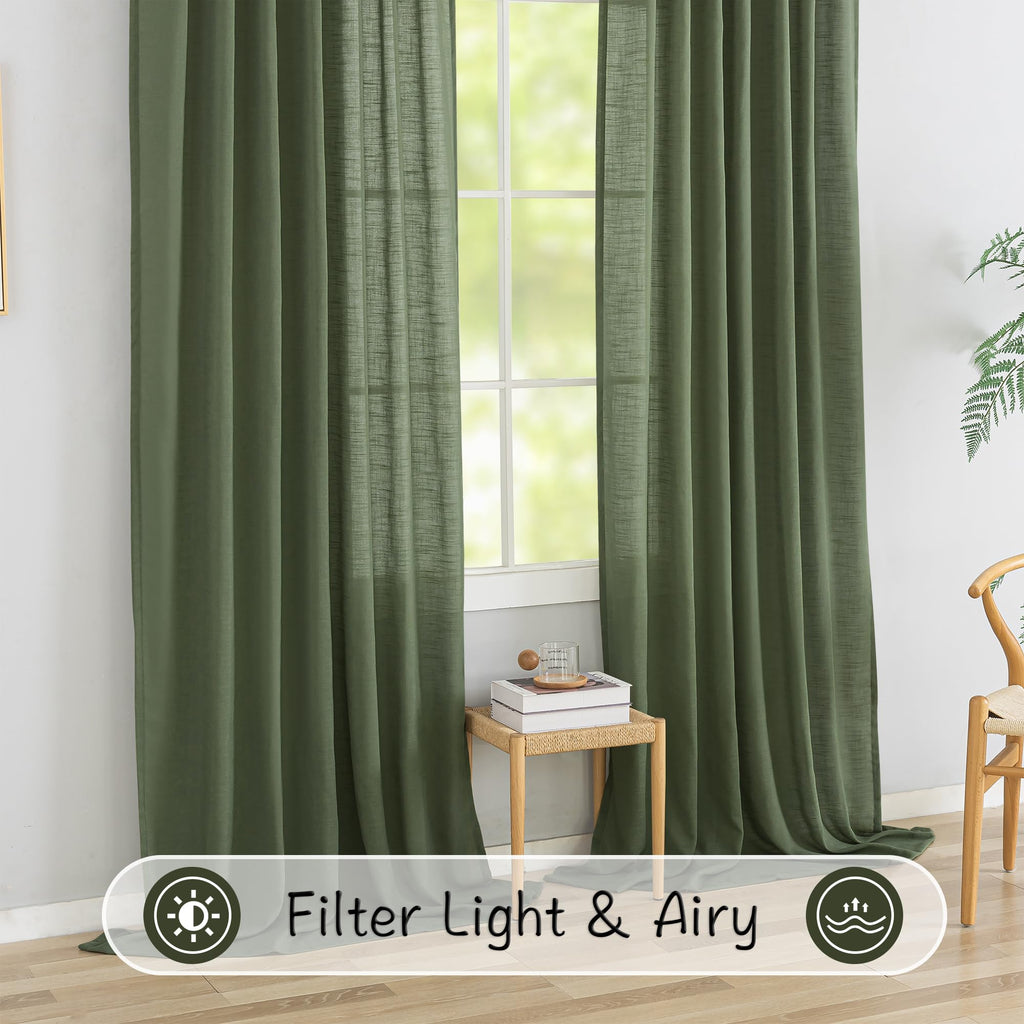 Olive Linen Back Tab Curtains 144 Inches Extra Long Ceiling to Floor for Villa Rustic - 2 Panels Hooks Belt Pinch