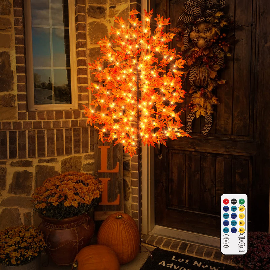 6FT Maple Tree Light - Thanksgiving Decor Artificial Tree with Pumpkins, Acorns, Remote 8 Flashing Modes